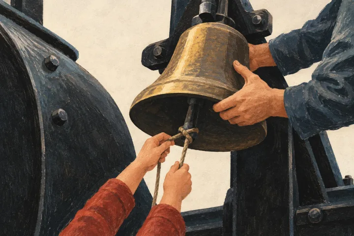 Smaller hands reach up with a string while another volunteer steadies a steam engine bell being fitted into place.