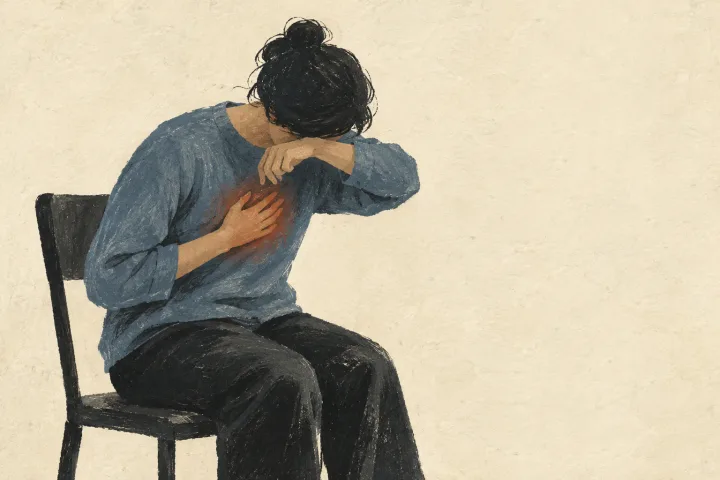 An anonymous figure leans forward to cover a cough, with one hand against their chest and empty space around them.