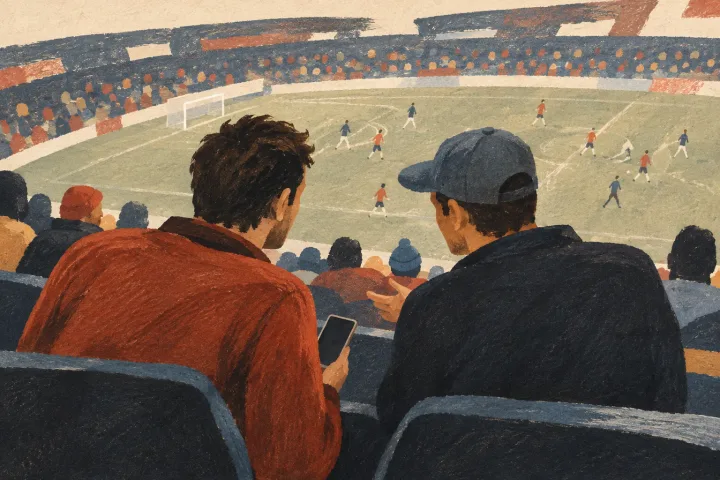 Illustration of two men leaning toward each other in conversation at a football game, one holding a blank-screen phone.