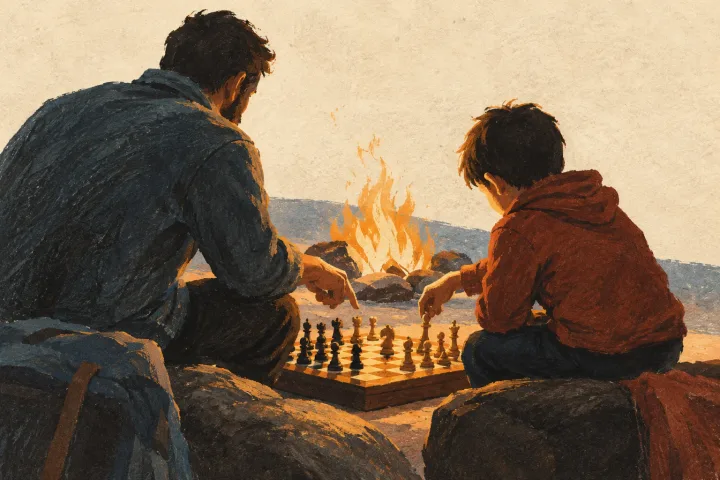 A father and son focus on a chessboard beside a small campfire.