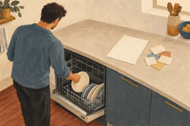 An illustrated man loads a dishwasher while blank paper pieces gather on the nearby counter.