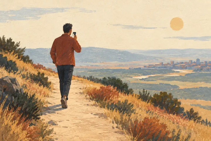 Illustration of a man walking outdoors with a phone near his mouth, with a sunlit valley opening out beyond the path.