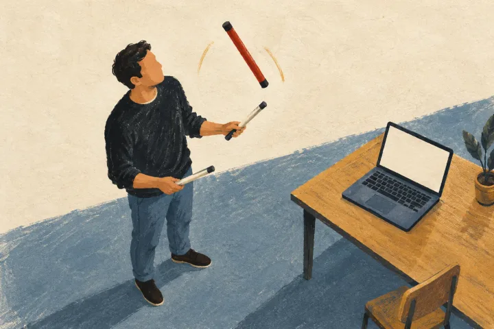 Illustration of a man taking a break beside his worktable, bouncing a central juggling stick between two sticks in his hands.