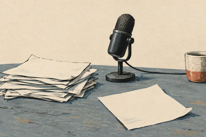 An illustrated microphone sits beside a pile of blank, curled draft pages, with one page set slightly apart.