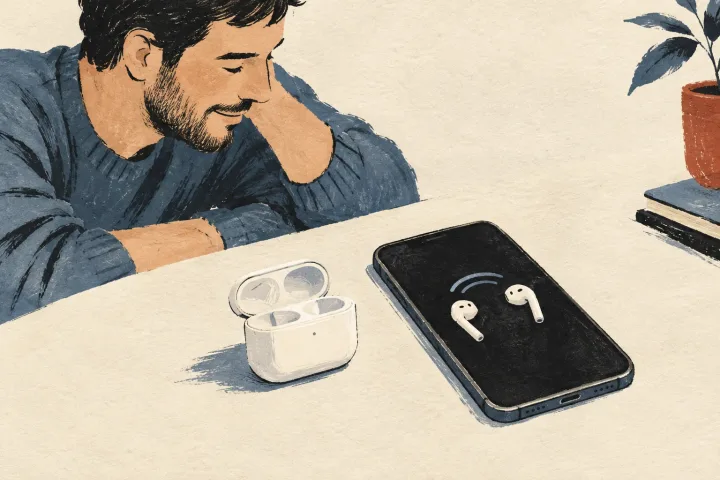 An open earbud case sits beside a phone whose screen shows two simple earbud shapes appearing.
