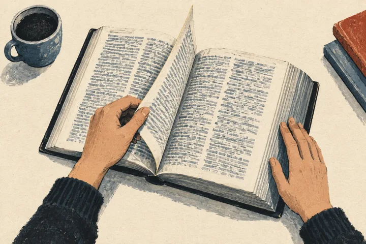 An illustrated pair of small hands navigates the layered pages of an open dictionary.