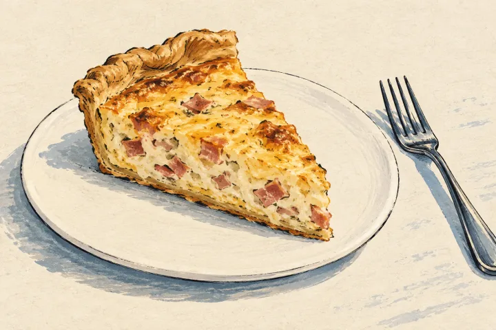An illustrated slice of ham and cheese quiche sits on a plain plate with a fork nearby.