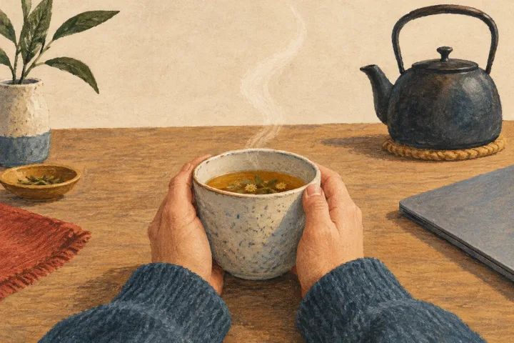 An illustration of hands holding a steaming cup of tea beside a closed laptop, with a kettle in the background.