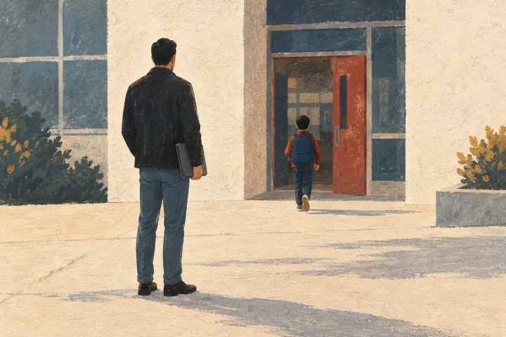 Illustration of a father waiting outside a simple school entrance as his young son heads inside, a laptop sleeve at the father’s side.