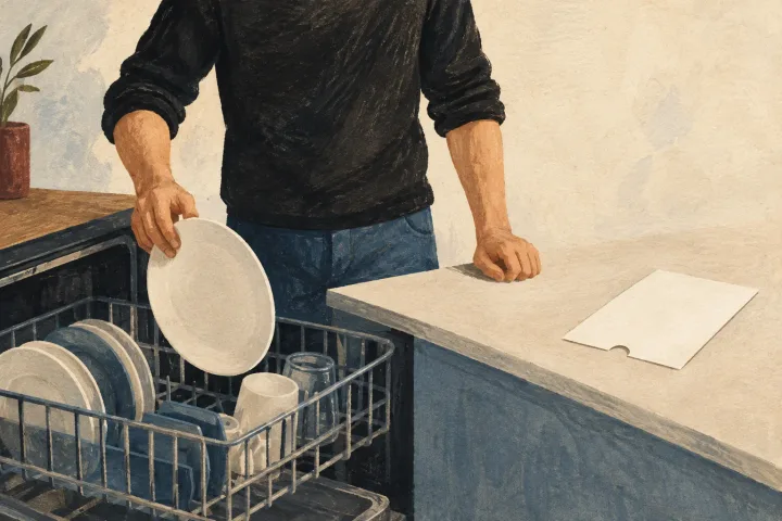 A man pauses with a plate above an open dishwasher; a blank sheet beside him has a small opening at its edge.