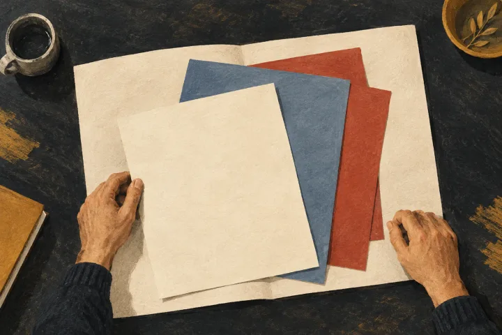 Several differently colored blank sheets overlap inside a larger open sheet, with each individual edge still visible.