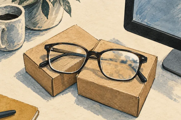Ink illustration of reading glasses on unmarked boxes beside a computer, with details appearing clearer through one lens.