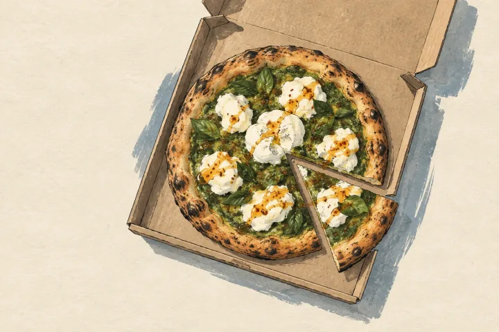 Illustration of a pesto pizza topped with burrata and a drizzle of spicy honey in an open takeout box.