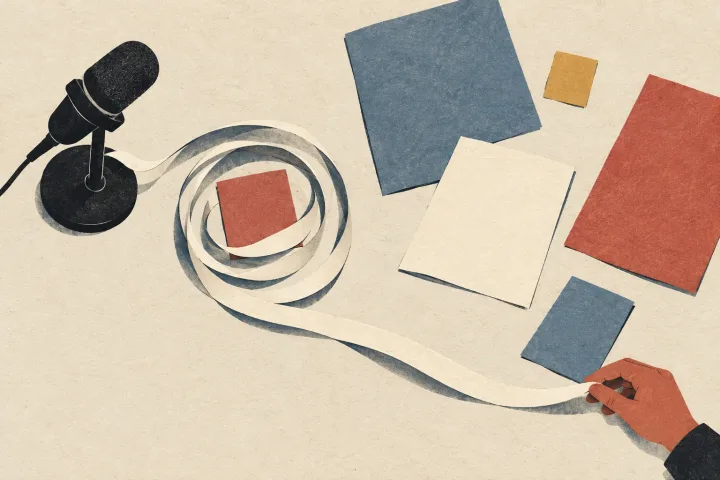 A microphone’s paper strip circles one idea repeatedly while a hand draws it toward several others.