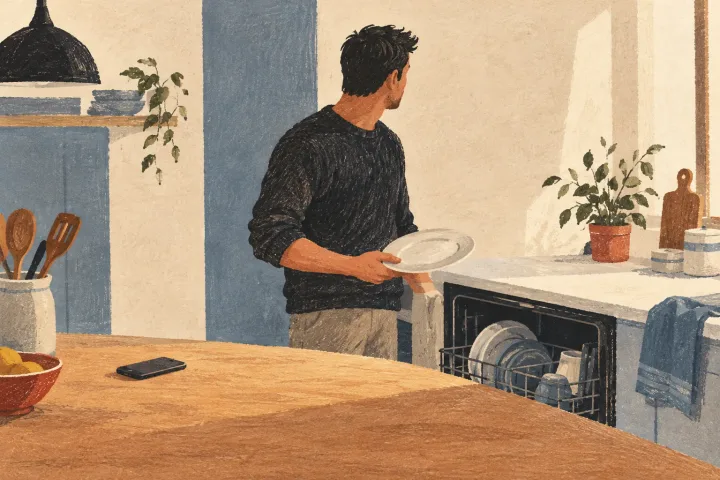 Illustration of a man pausing beside an open dishwasher, plate in hand, with a phone nearby on the counter.