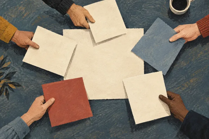 Illustration of several hands arranging separate blank paper leaves around a larger sheet, suggesting perspectives gathered into one article.