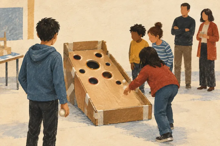Illustration of children gathering around a taped cardboard golf skee-ball game while its young builder and two adults watch.