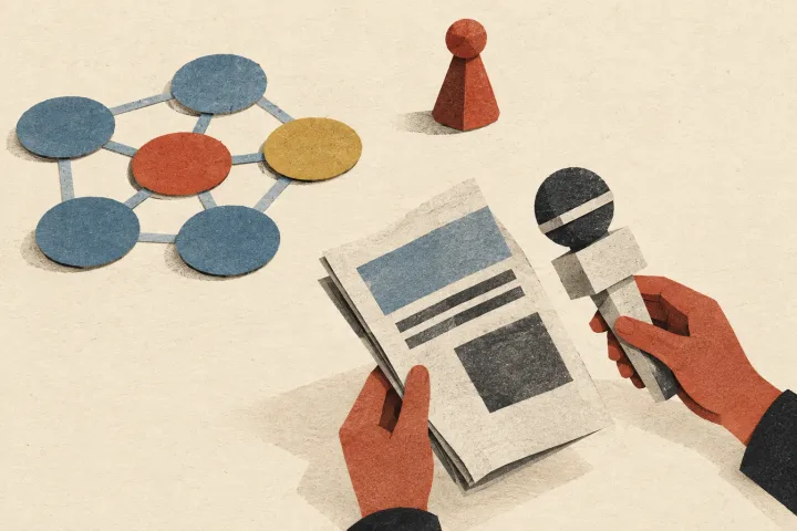 A hand examines a paper microphone and blank folded newspaper among several unfinished paper prototypes.